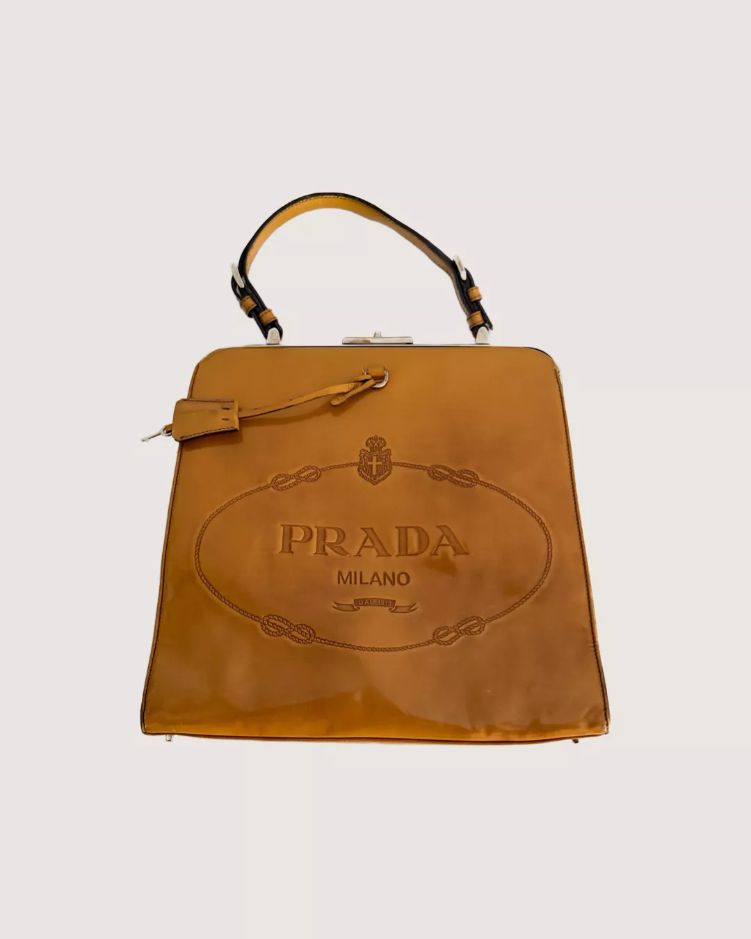 1372D000-5045-4921-8169-2C60E2E6ACB4 Prada F/W 2005 Camel Brown Patent Leather Logo Purse - Style As Seen On The Devil Wears Prada - Image 1